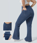 High Waisted Crossover Pocket Washed Casual Plus Size Jeans — Washed Denim Bleached Blue — view 1
