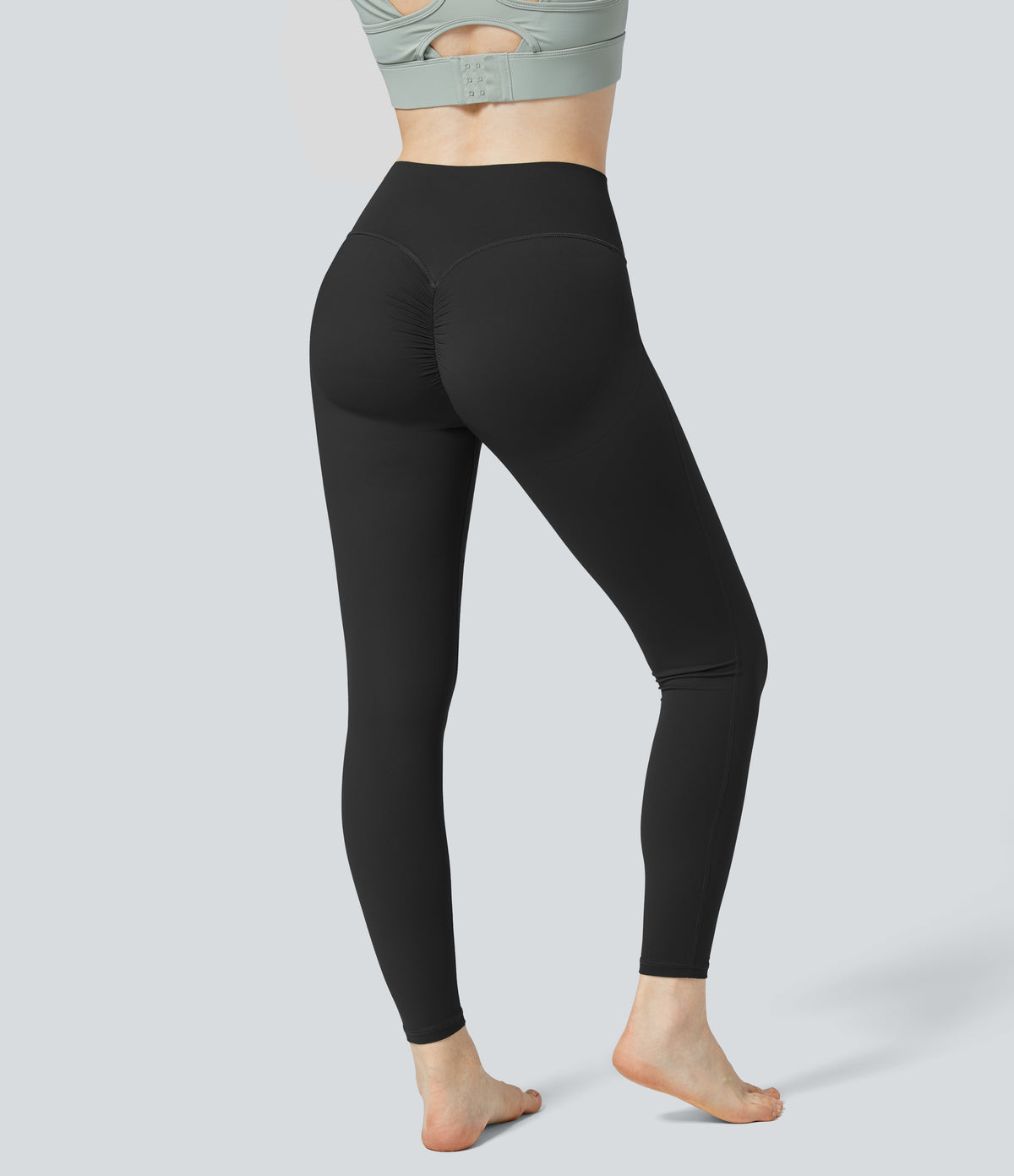 High Waisted Ruched Tummy Control Butt Lifting Yoga 7/8 Leggings — Black — view 9