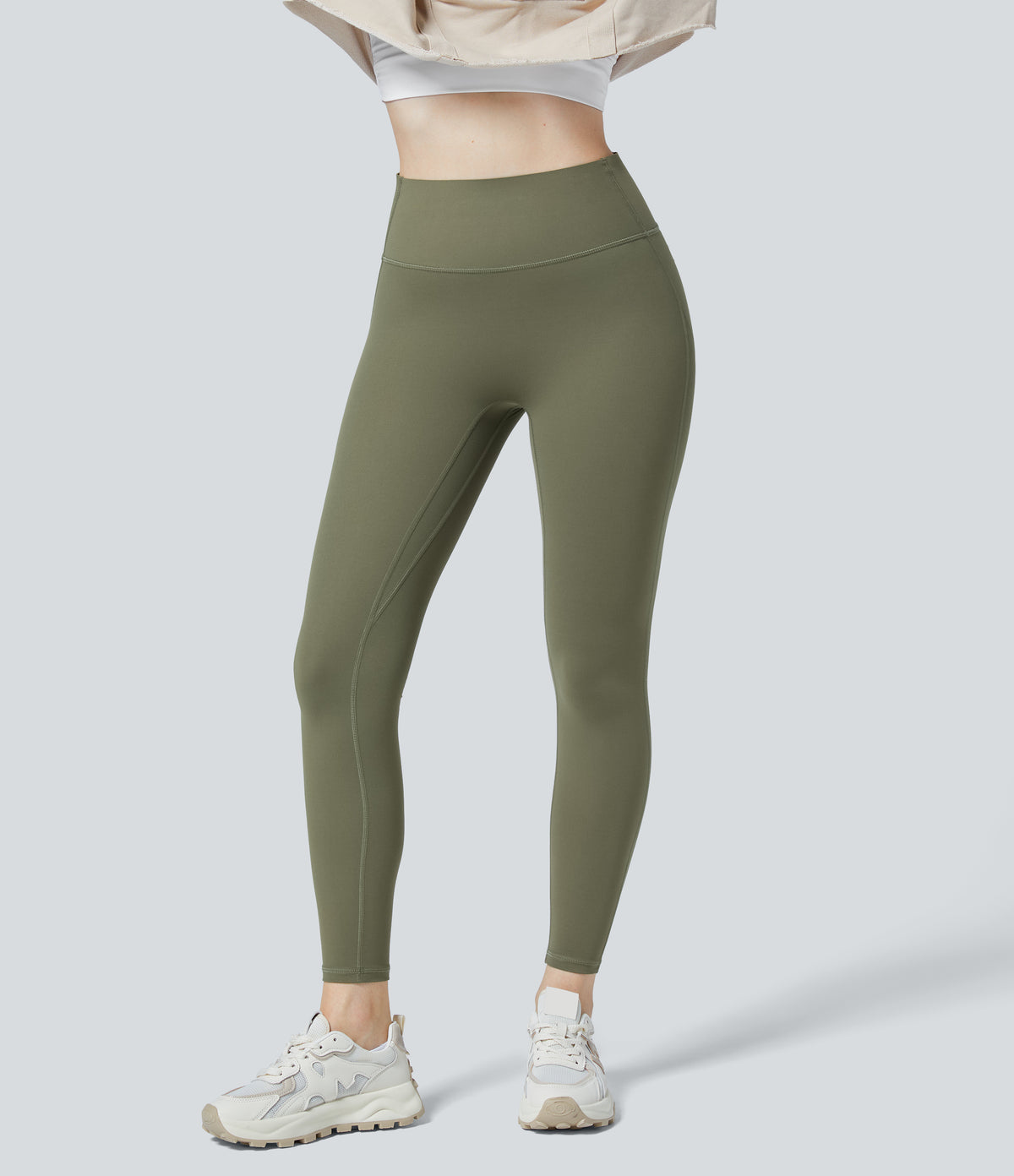 High Waisted Ruched Tummy Control Butt Lifting Yoga 7/8 Leggings — Grass Grey Green — view 4