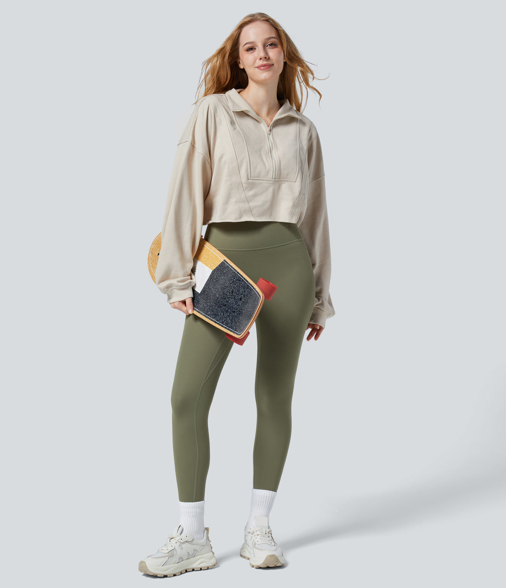 High Waisted Ruched Tummy Control Butt Lifting Yoga 7/8 Leggings — Grass Grey Green — view 8
