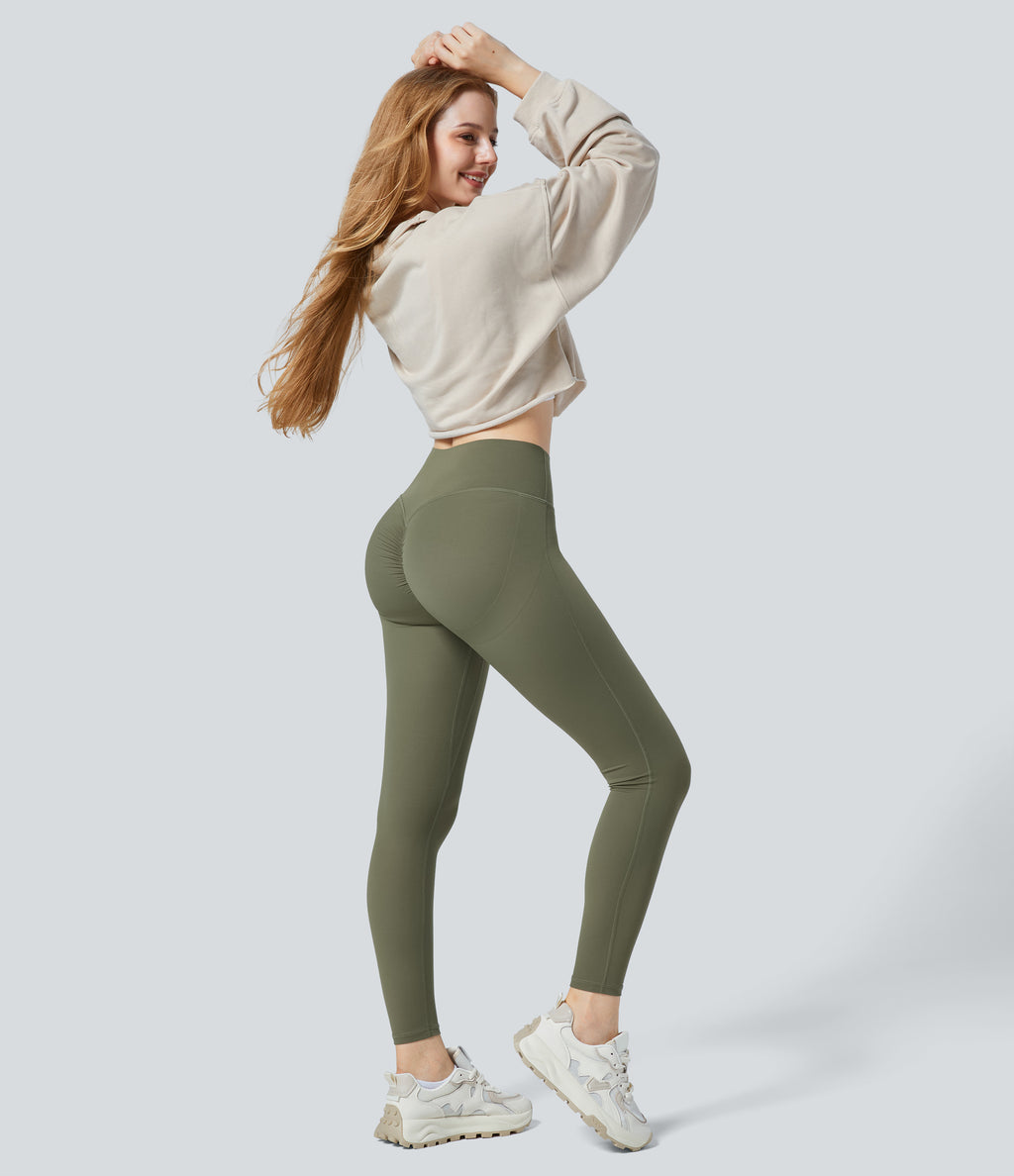 High Waisted Ruched Tummy Control Butt Lifting Yoga 7/8 Leggings — Grass Grey Green — view 7