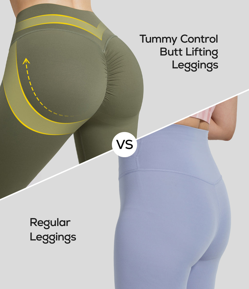 High Waisted Ruched Tummy Control Butt Lifting Yoga 7/8 Leggings — Grass Grey Green — view 2