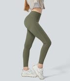 High Waisted Ruched Tummy Control Butt Lifting Yoga 7/8 Leggings — Grass Grey Green — view 3