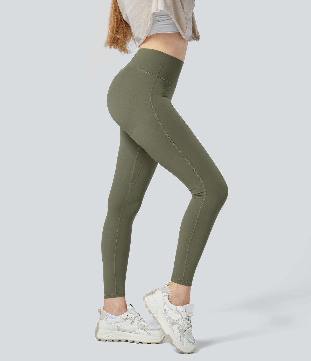 High Waisted Ruched Tummy Control Butt Lifting Yoga 7/8 Leggings — Grass Grey Green — view 3