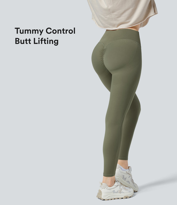 High Waisted Ruched Tummy Control Butt Lifting Yoga 7/8 Leggings — Grass Grey Green — view 1