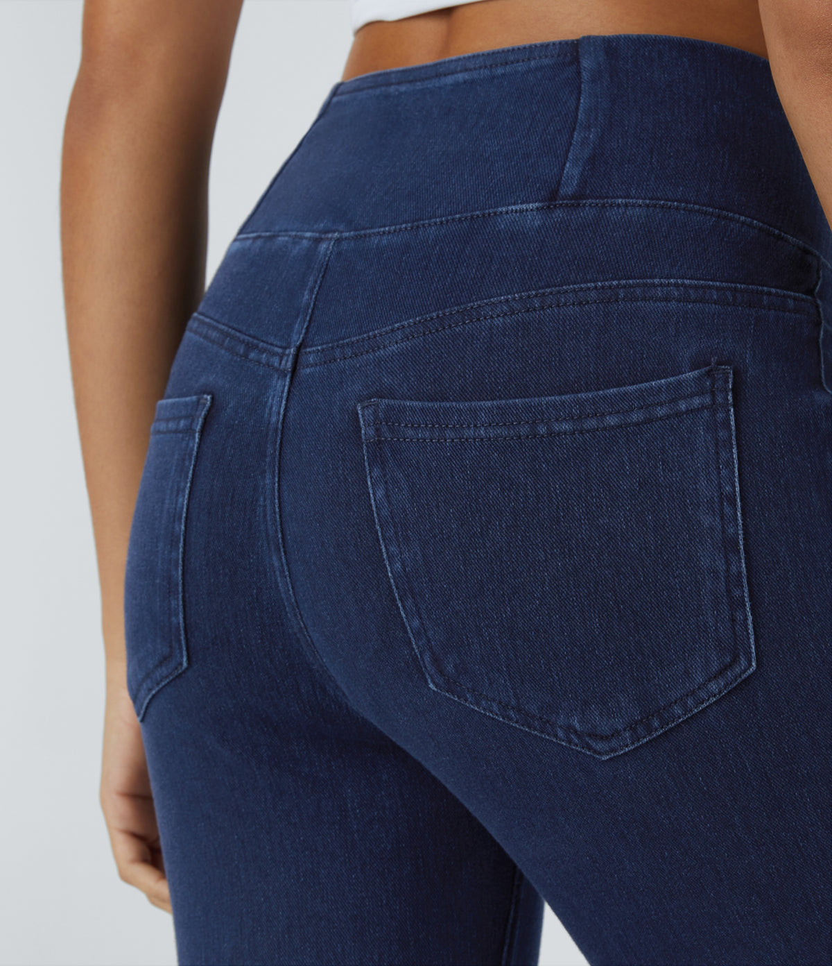 High Waisted Crossover Pockets Denim Work Leggings — Washed Denim Navy Blue — view 4