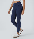 High Waisted Crossover Pockets Denim Work Leggings — Washed Denim Navy Blue — view 1