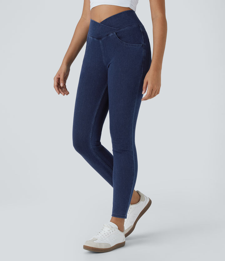 High Waisted Crossover Pockets Denim Work Leggings — Washed Denim Navy Blue — view 1