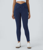 High Waisted Crossover Pockets Denim Work Leggings — Washed Denim Navy Blue — view 3