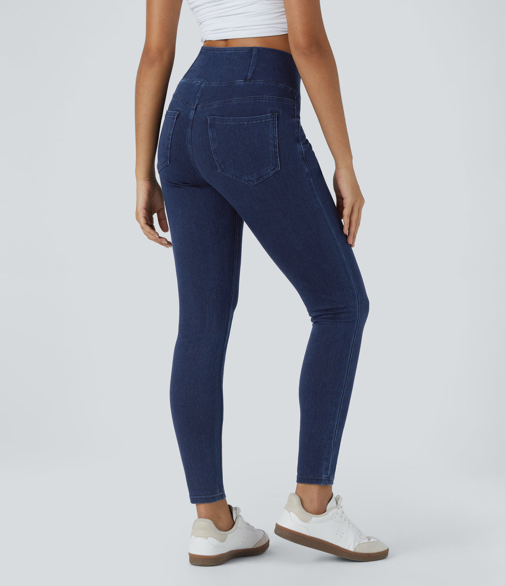 High Waisted Crossover Pockets Denim Work Leggings — Washed Denim Navy Blue — view 2