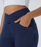 High Waisted Crossover Pockets Denim Work Leggings — Washed Denim Navy Blue — view 5