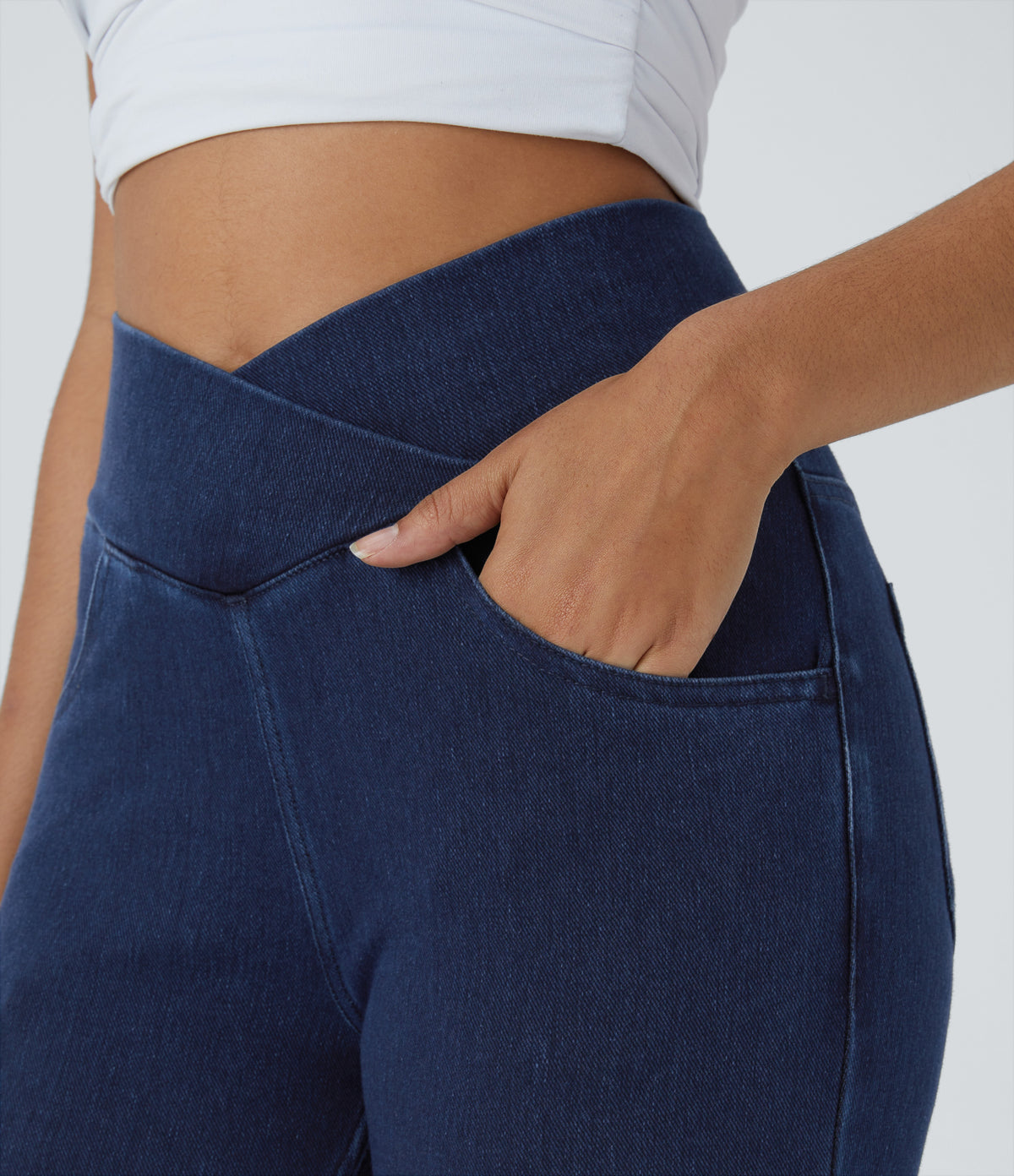 High Waisted Crossover Pockets Denim Work Leggings — Washed Denim Navy Blue — view 5