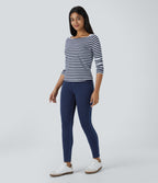 High Waisted Crossover Pockets Denim Work Leggings — Washed Denim Navy Blue — view 6