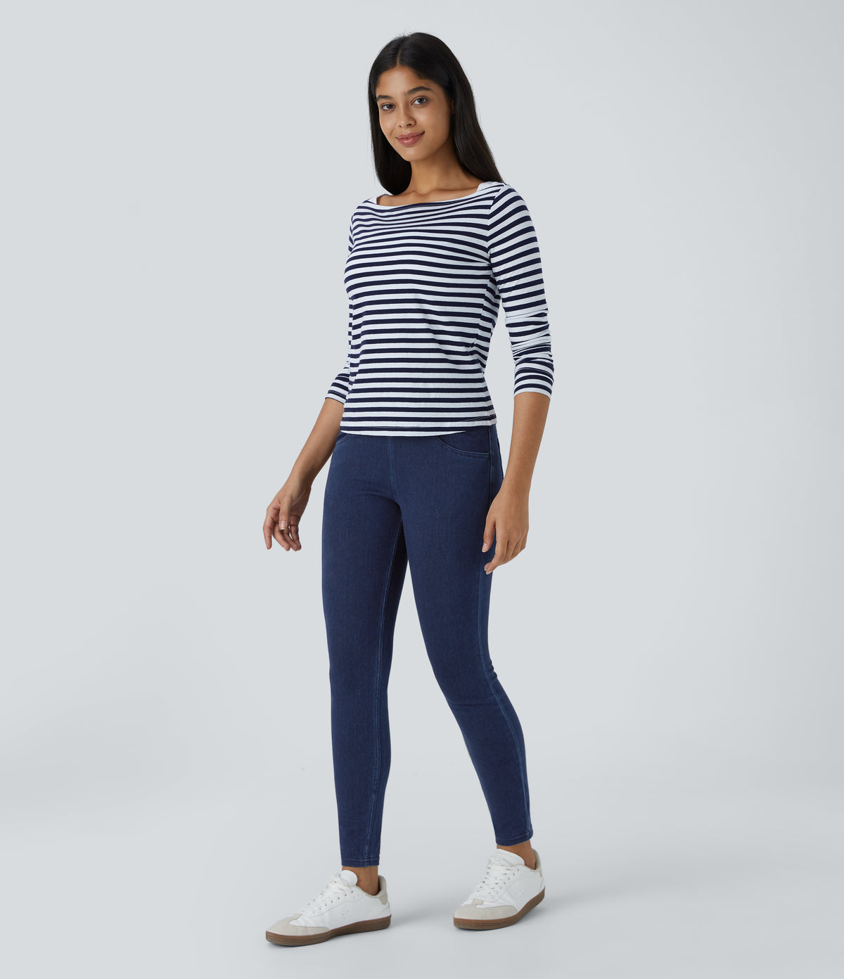 High Waisted Crossover Pockets Denim Work Leggings — Washed Denim Navy Blue — view 6