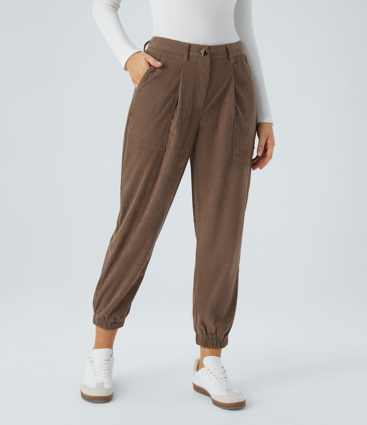 Mid Rise Zipper Pockets Corduroy Casual Joggers — Acorn — view 3