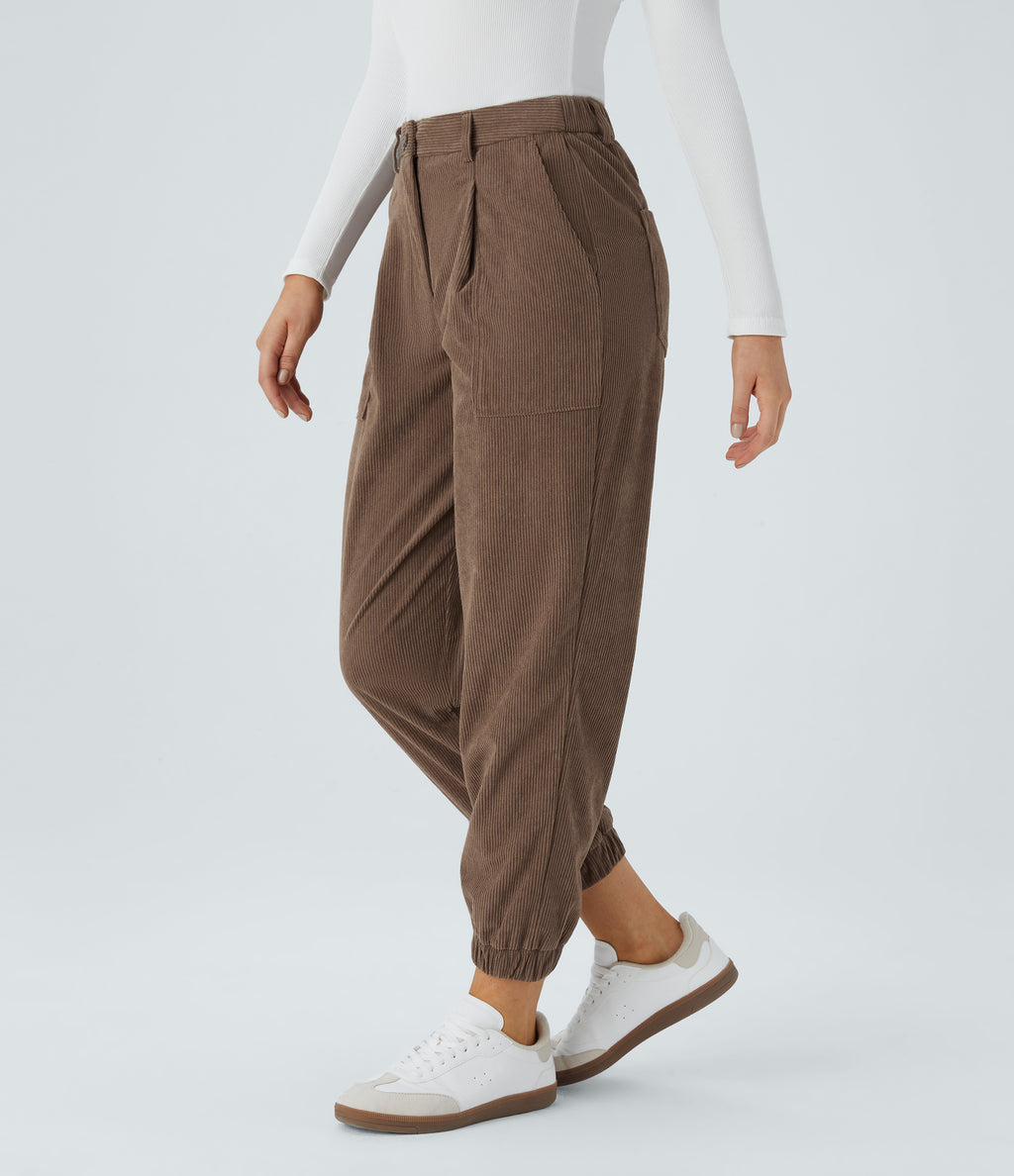 Mid Rise Zipper Pockets Corduroy Casual Joggers — Acorn — view 1