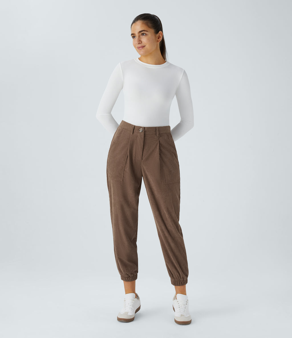 Mid Rise Zipper Pockets Corduroy Casual Joggers — Acorn — view 7