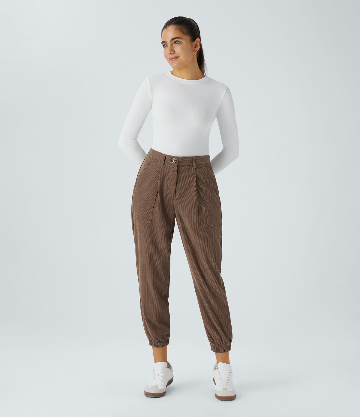 Mid Rise Zipper Pockets Corduroy Casual Joggers — Acorn — view 7