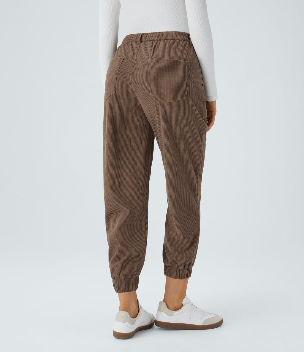 Mid Rise Zipper Pockets Corduroy Casual Joggers — Acorn — view 2
