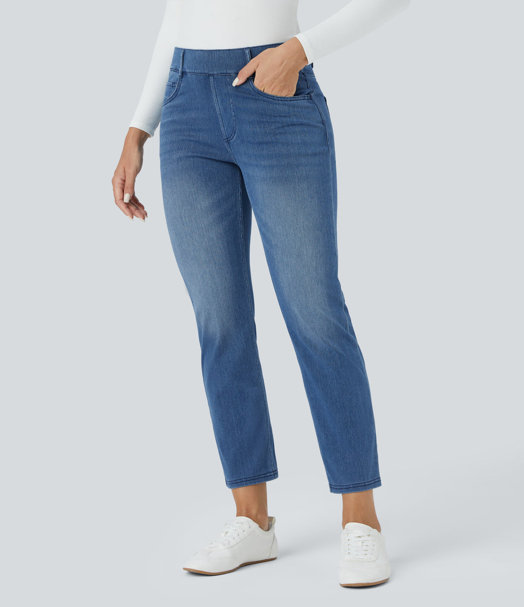 Mid Rise Multiple Pockets Straight Leg Slim Fit Washed Stretchy Knit Work Jeans — Blue Gray Denim — view 2