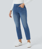 Mid Rise Multiple Pockets Straight Leg Slim Fit Washed Stretchy Knit Work Jeans — Blue Gray Denim — view 2