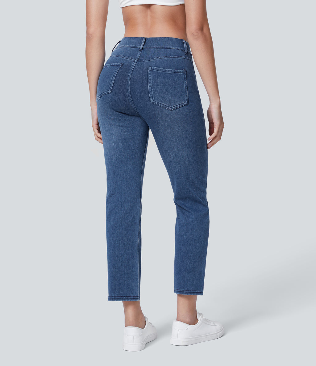 Mid Rise Multiple Pockets Straight Leg Slim Fit Washed Stretchy Knit Work Jeans — Royal Blue Denim — view 7