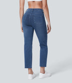 Mid Rise Multiple Pockets Straight Leg Slim Fit Washed Stretchy Knit Work Jeans — Royal Blue Denim — view 7