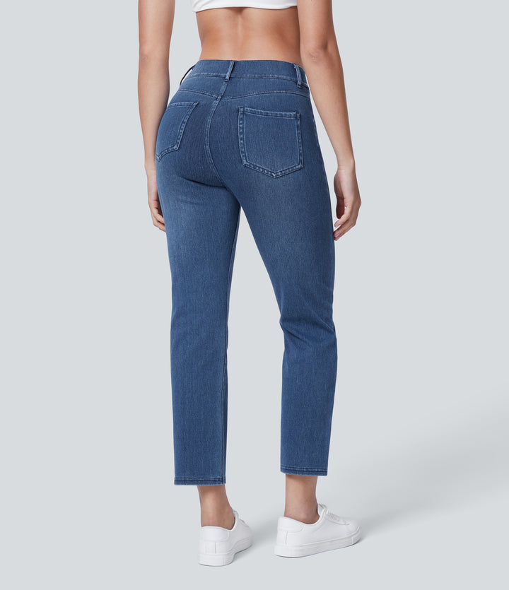 Mid Rise Multiple Pockets Straight Leg Slim Fit Washed Stretchy Knit Work Jeans — Royal Blue Denim — view 7