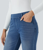 Mid Rise Multiple Pockets Straight Leg Slim Fit Washed Stretchy Knit Work Jeans — Blue Gray Denim — view 4