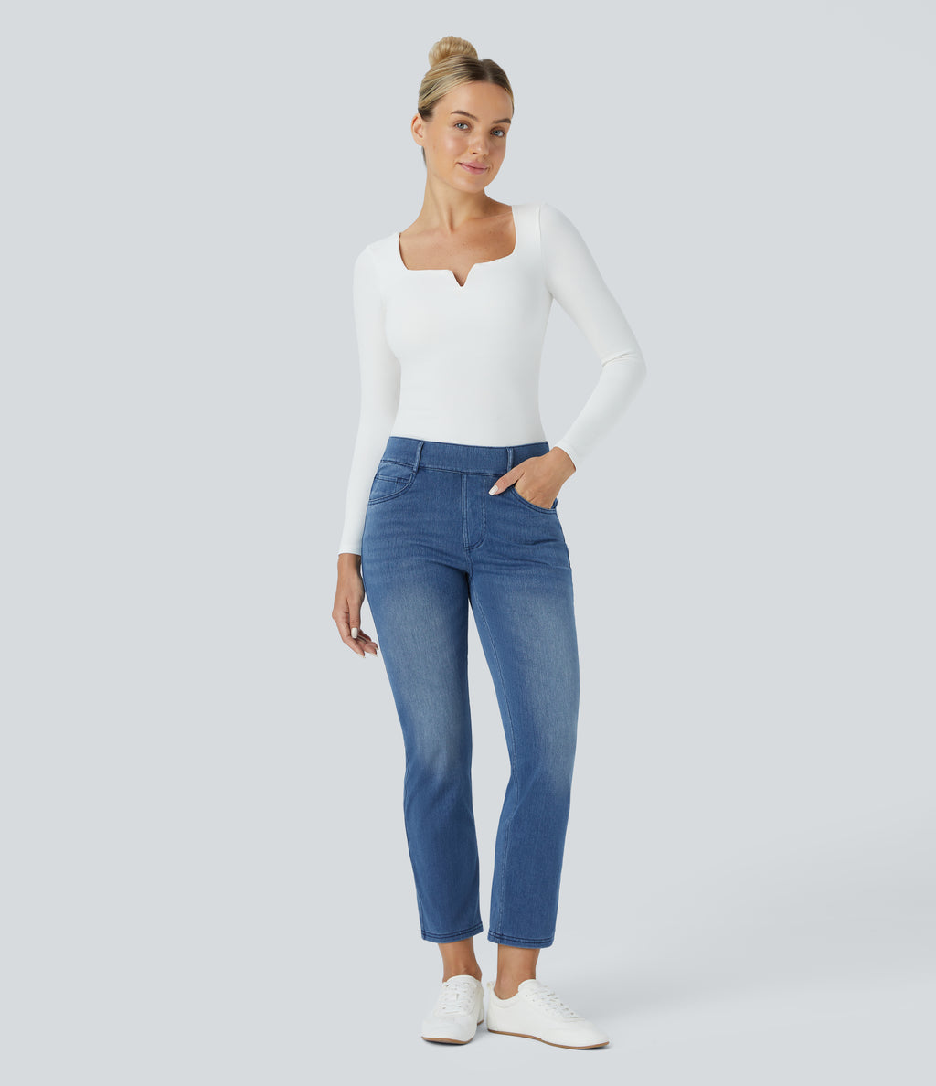 Mid Rise Multiple Pockets Straight Leg Slim Fit Washed Stretchy Knit Work Jeans — Blue Gray Denim — view 6