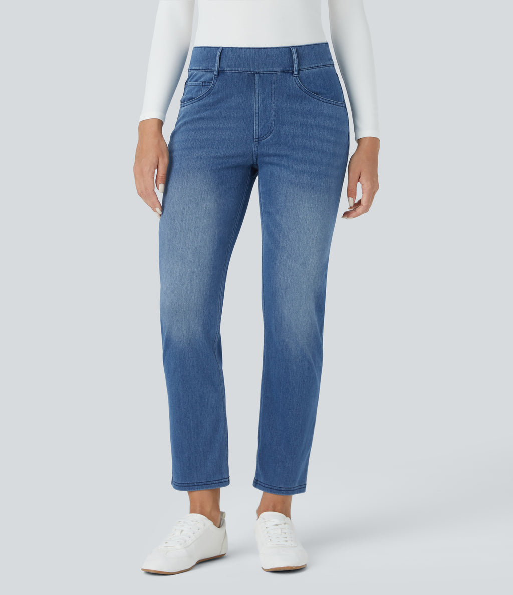 Mid Rise Multiple Pockets Straight Leg Slim Fit Washed Stretchy Knit Work Jeans — Blue Gray Denim — view 3