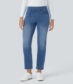 Mid Rise Multiple Pockets Straight Leg Slim Fit Washed Stretchy Knit Work Jeans — Blue Gray Denim — view 3