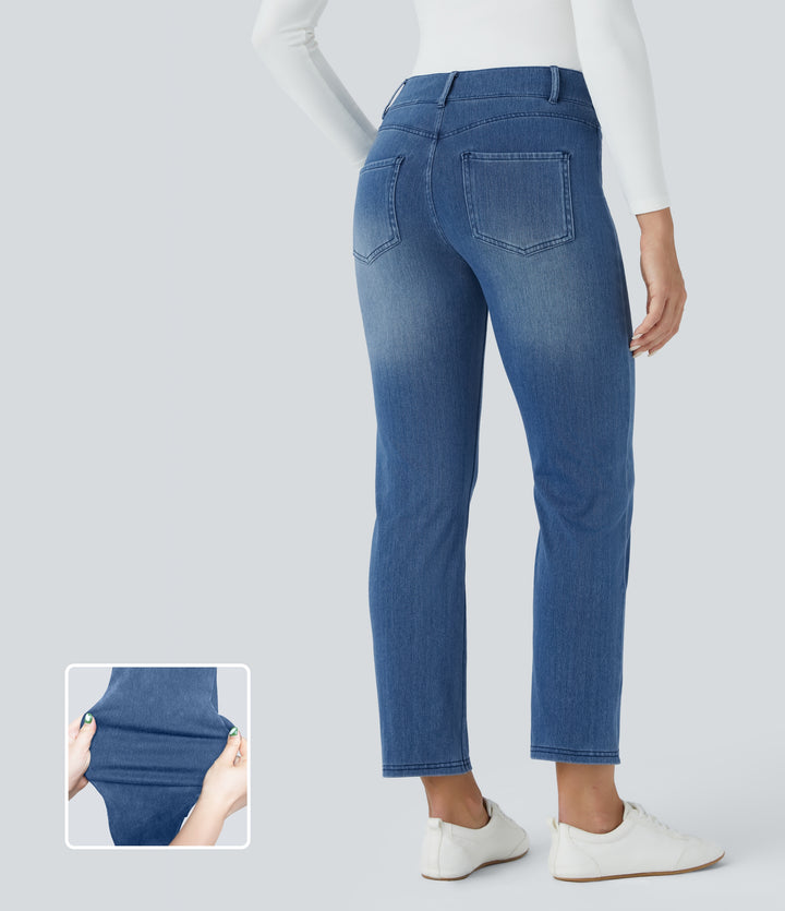 Mid Rise Multiple Pockets Straight Leg Slim Fit Washed Stretchy Knit Work Jeans — Blue Gray Denim — view 1