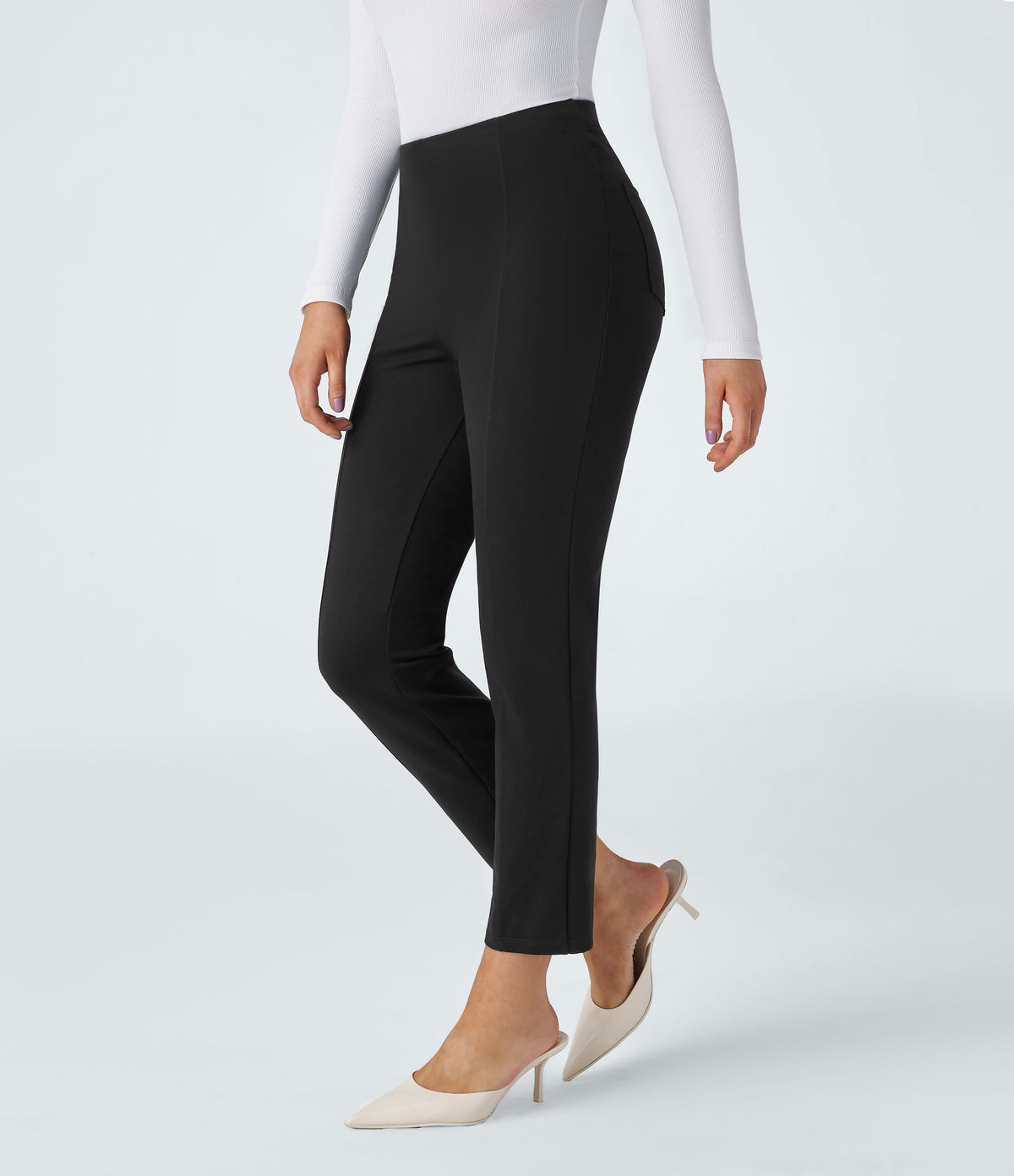 High Waisted Pocket Slim Work Pants — Black — view 3