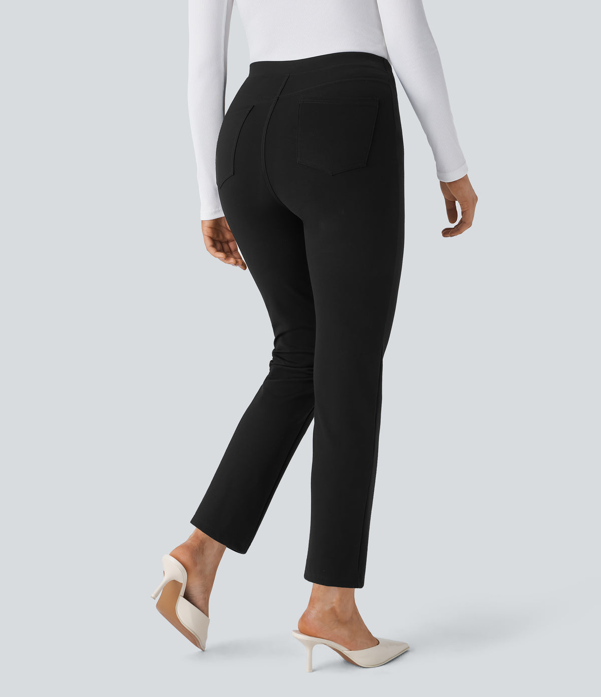 High Waisted Pocket Slim Work Pants — Black — view 2