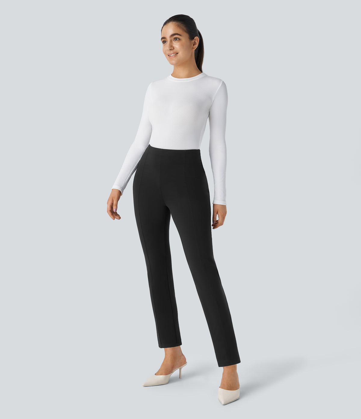 High Waisted Pocket Slim Work Pants — Black — view 5
