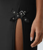 High Waisted Decorative Buckle Split 2-in-1 Maxi Casual Skirt — Black — view 5