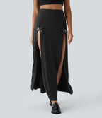 High Waisted Decorative Buckle Split 2-in-1 Maxi Casual Skirt — Black — view 1