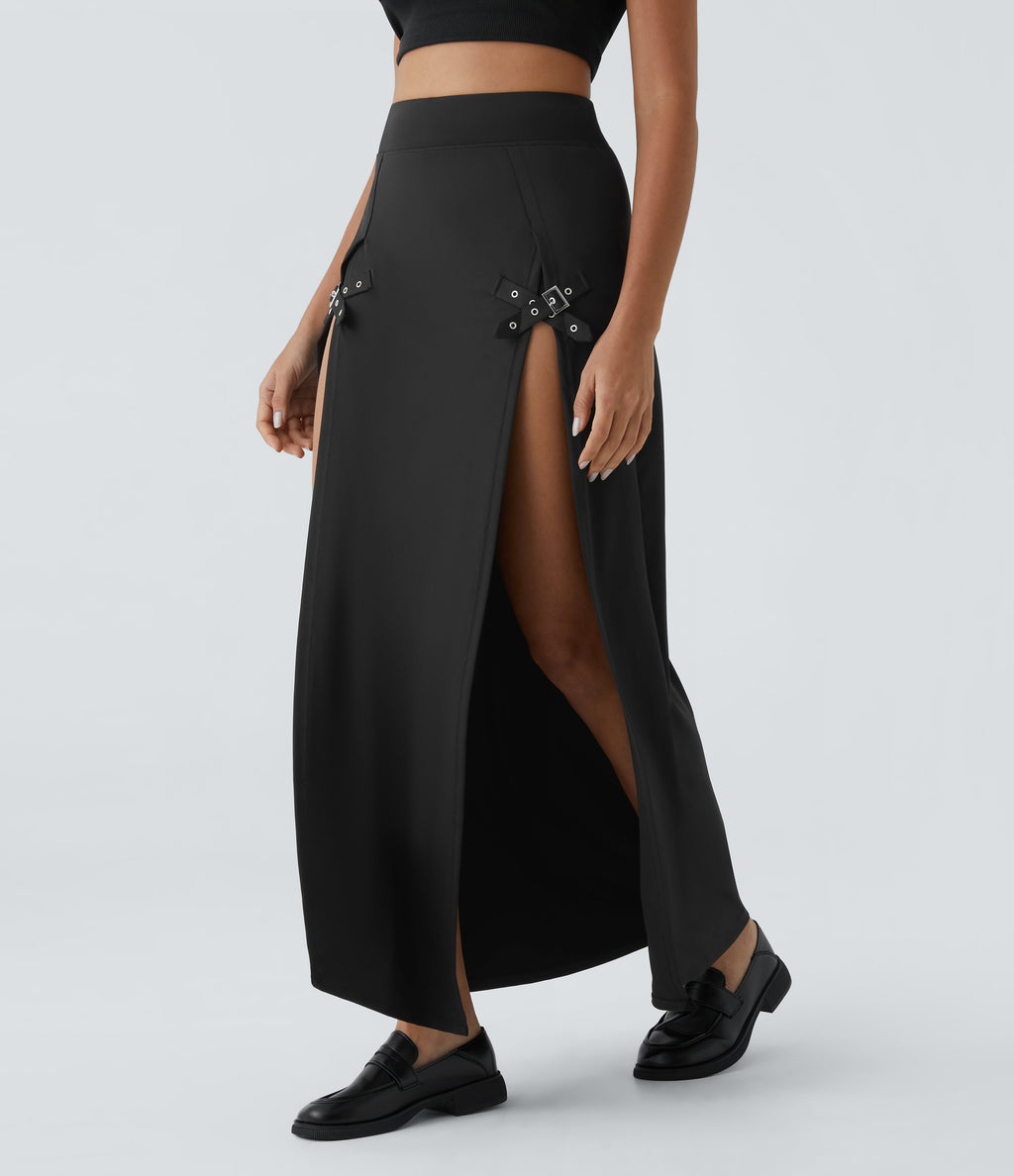 High Waisted Decorative Buckle Split 2-in-1 Maxi Casual Skirt — Black — view 3