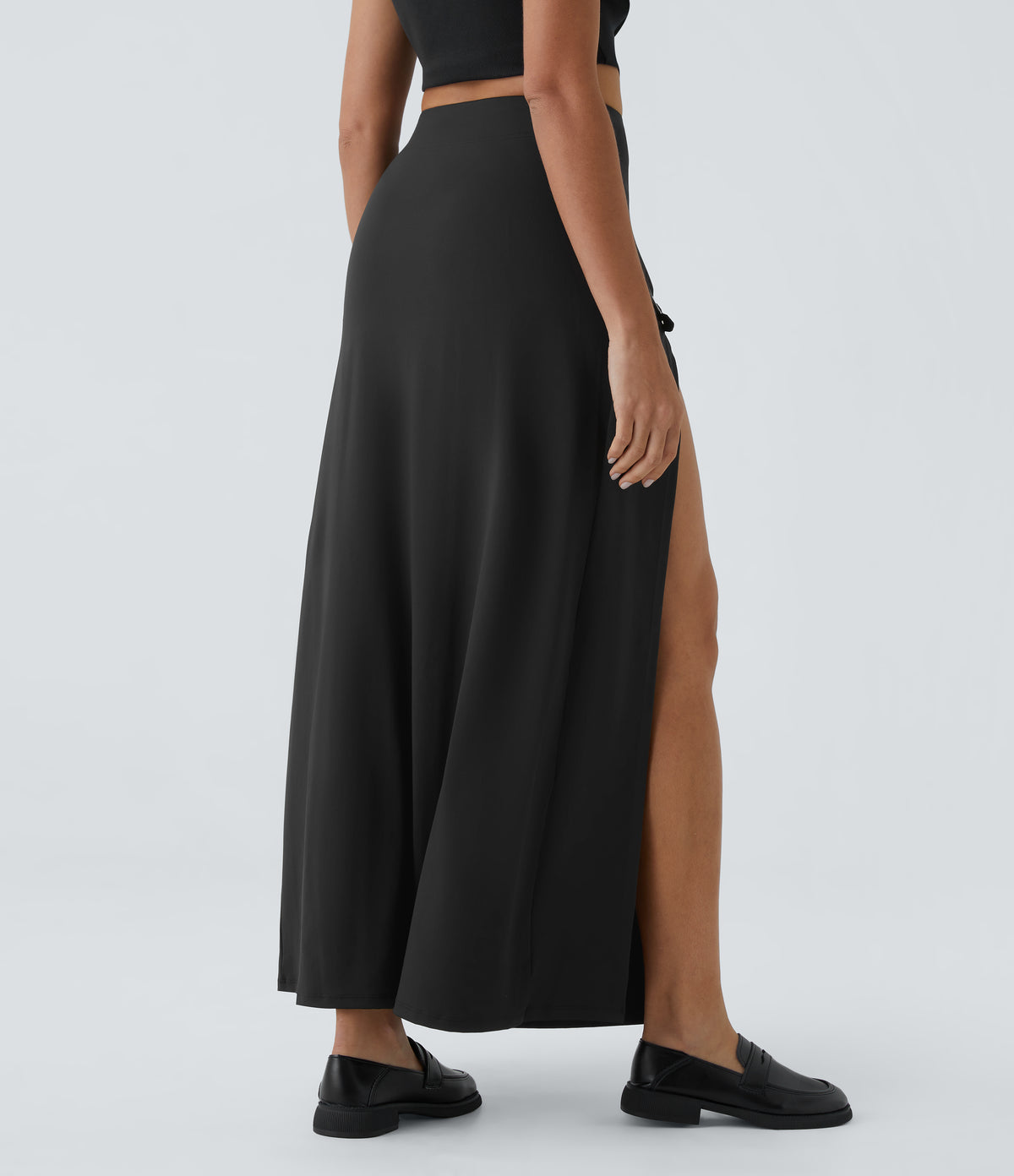 High Waisted Decorative Buckle Split 2-in-1 Maxi Casual Skirt — Black — view 2