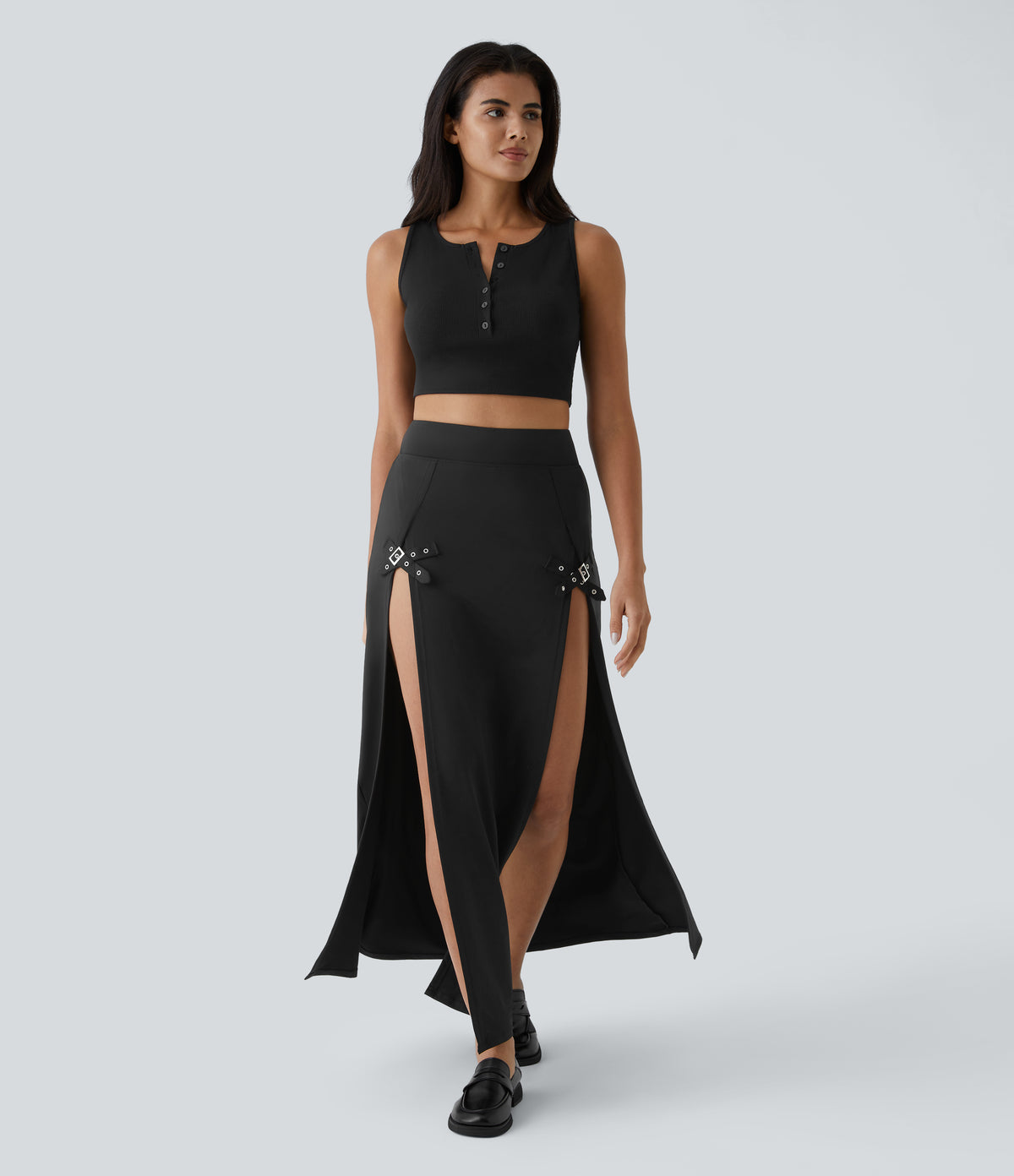 High Waisted Decorative Buckle Split 2-in-1 Maxi Casual Skirt — Black — view 6