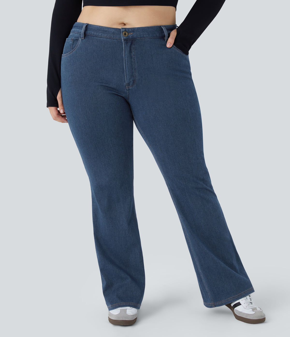 Mid Rise Pockets Casual Plus Size Jeans — Washed Denim Bleached Blue — view 3