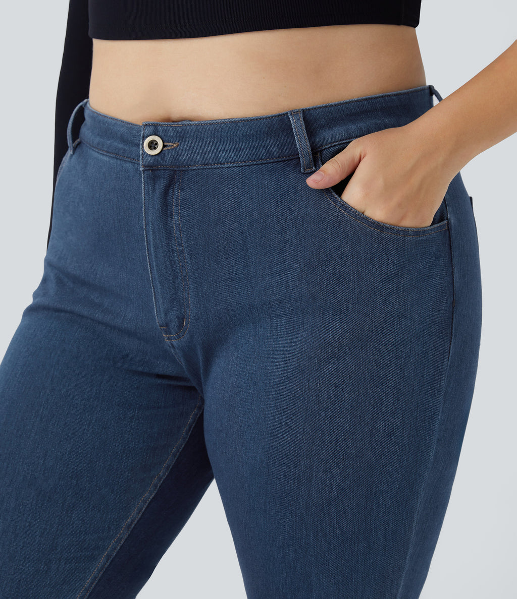 Mid Rise Pockets Casual Plus Size Jeans — Washed Denim Bleached Blue — view 4
