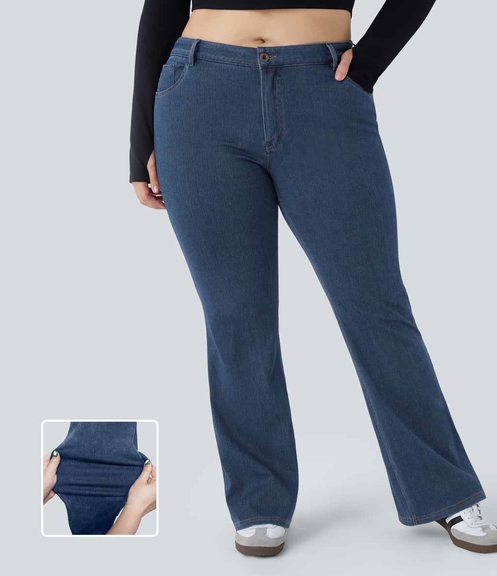 Mid Rise Pockets Casual Plus Size Jeans — Washed Denim Bleached Blue — view 1