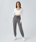 High Waisted Drawstring Pocket Ruched Yoga Joggers with Pockets — Mottled Light Grey — view 5