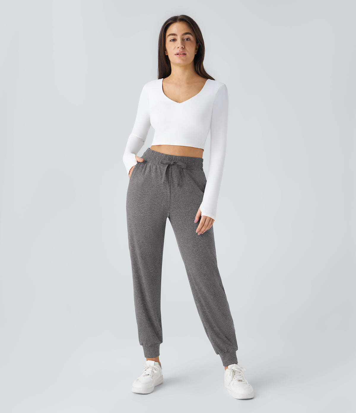 High Waisted Drawstring Pocket Ruched Yoga Joggers with Pockets — Mottled Light Grey — view 5