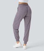 High Waisted Drawstring Pocket Ruched Yoga Joggers with Pockets — Purple Ash Floral Yarn — view 6