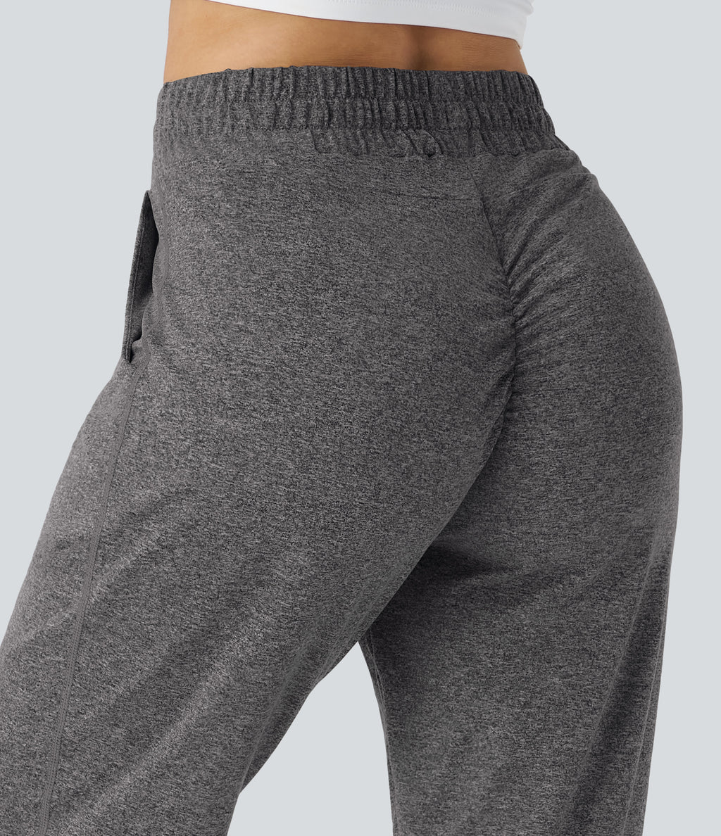 High Waisted Drawstring Pocket Ruched Yoga Joggers with Pockets — Mottled Light Grey — view 4