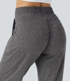High Waisted Drawstring Pocket Ruched Yoga Joggers with Pockets — Mottled Light Grey — view 4