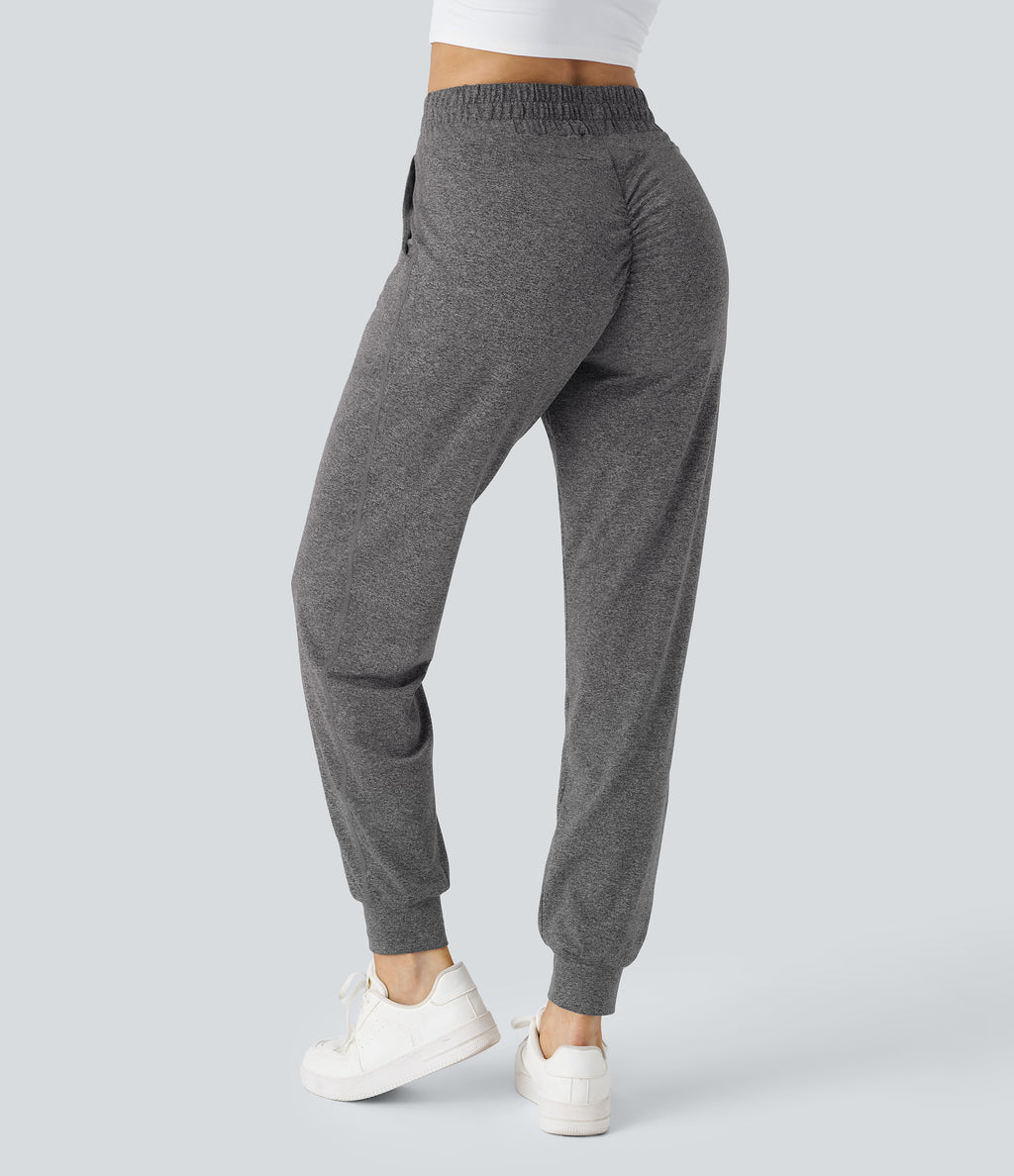 High Waisted Drawstring Pocket Ruched Yoga Joggers with Pockets — Mottled Light Grey — view 1